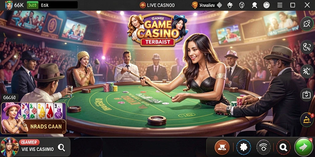 Screenshot gameplay 66K dengan dealer profesional dan suasana Live Casino.