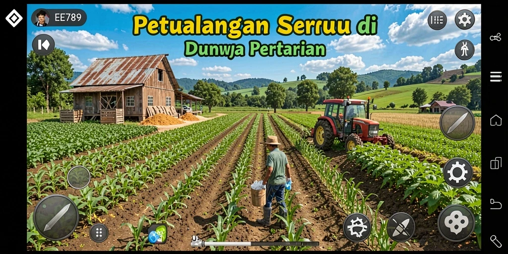 Screenshot gameplay EE789 yang menunjukkan keindahan ladang dan aktivitas bercocok tanam.