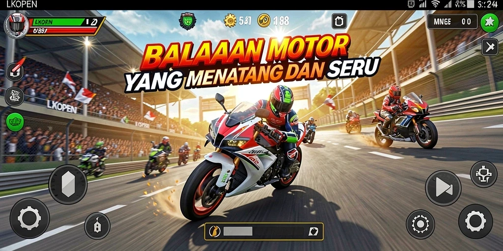 Screenshot LKOPEN menampilkan gameplay balapan motor yang intens dan seru.