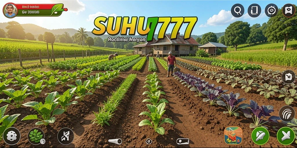 Tampilan gameplay <strong>SUHU777</strong> yang menampilkan aktivitas berkebun yang penuh warna.