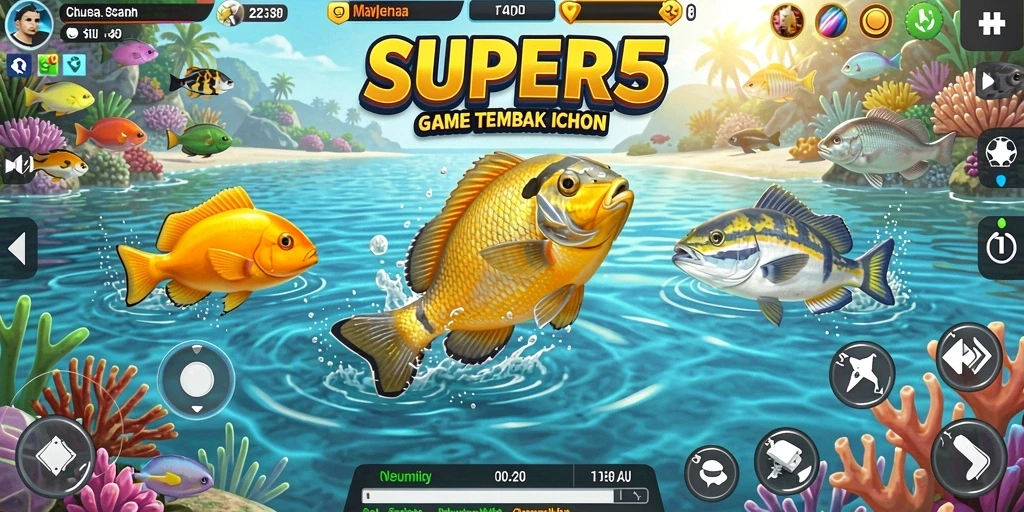 Tampilan gameplay SUPER5 yang seru dengan aksi Tembak Ikan.